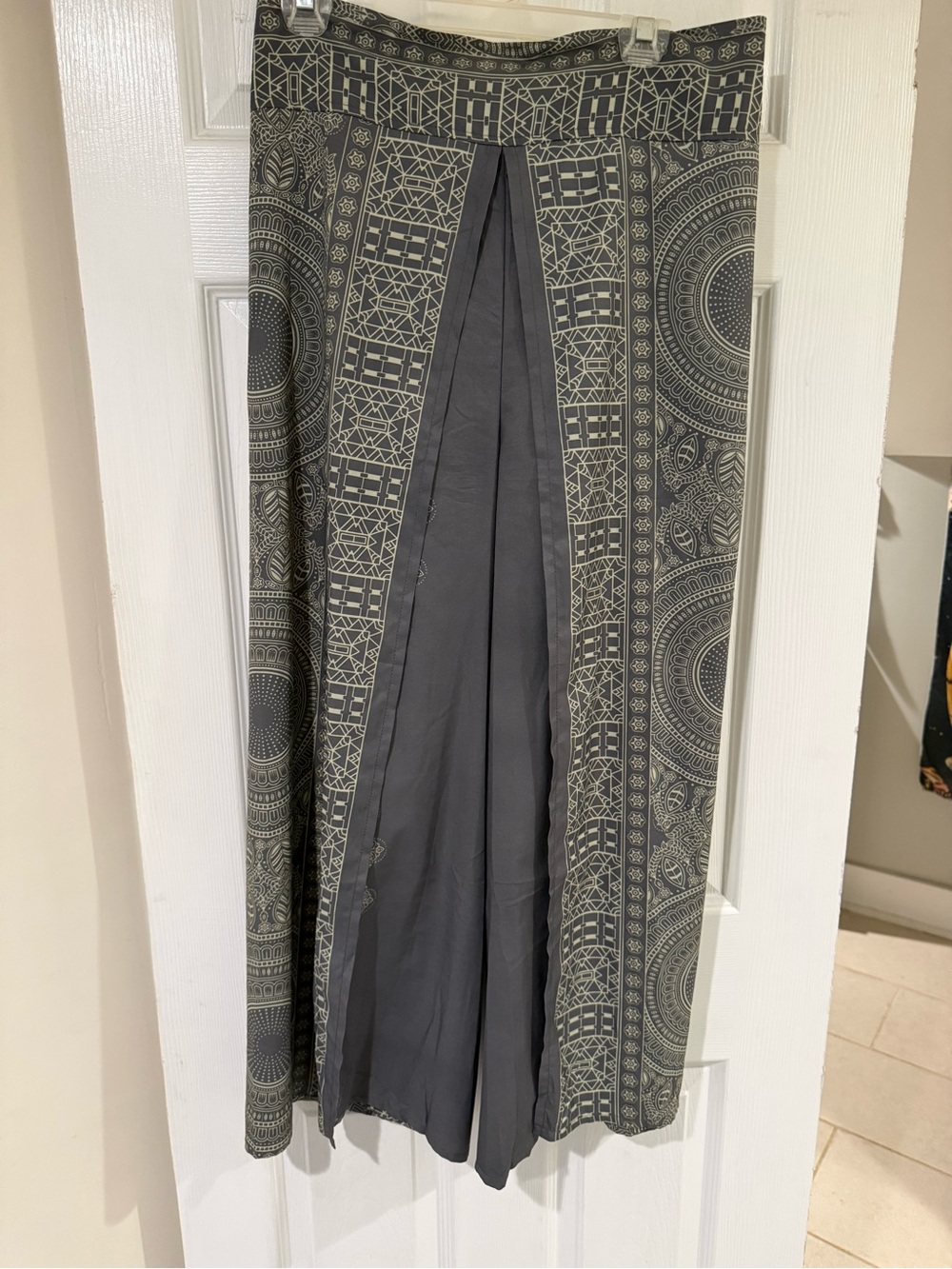 Gray Patterned Panel flowy wide leg pants.